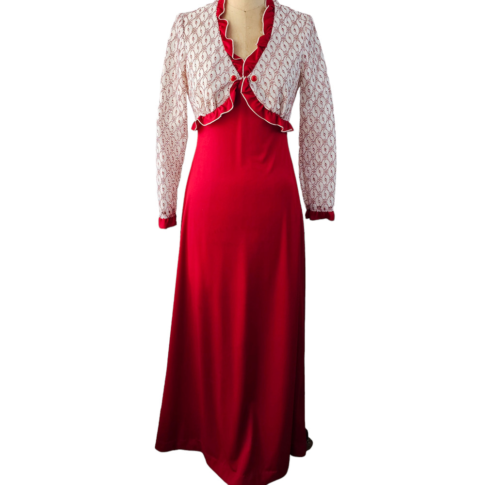 Vintage 70s Dress red white lace v neck long sleeve empire maxi size 10